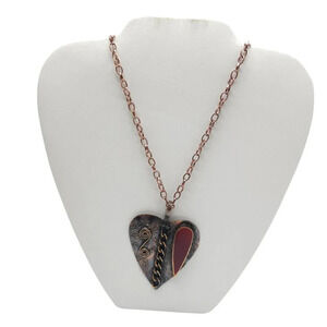 Red Enamel Heart On Copper Pendant Chain Necklace Lobster Closure Vintage